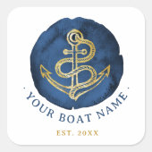 Elegant Waterverf Anchor Nautical Name Navy Blue Vierkante Sticker (Voorkant)