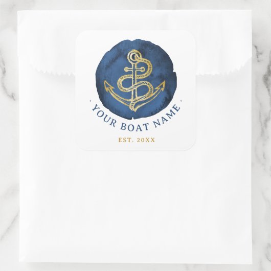 Elegant Waterverf Anchor Nautical Name Navy Blue Vierkante Sticker (Tas)