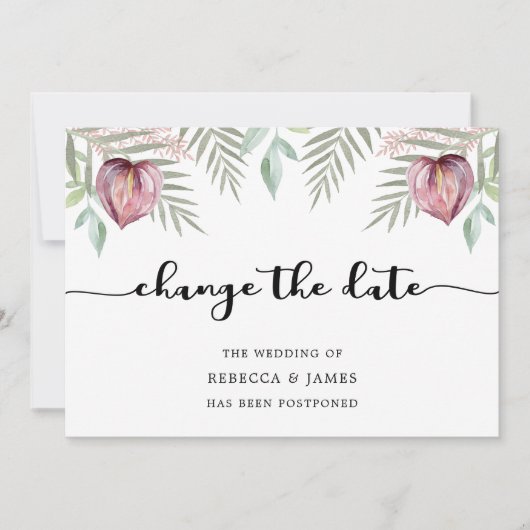 Elegant Waterverf Anthurium verander de datumkaart Save The Date (Voorkant)