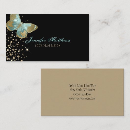 Elegant Waterverf Aqua & Gold Glitter Butterfly Visitekaartje (Voorkant / Achterkant)