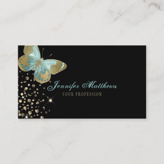 Elegant Waterverf Aqua & Gold Glitter Butterfly Visitekaartje (Voorkant)