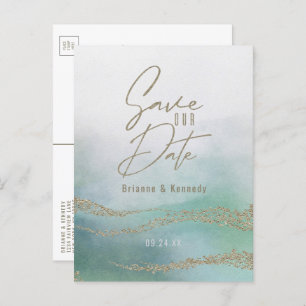 Elegant Waterverf Aqua Ocean & Gold Save the Date Aankondigingskaart
