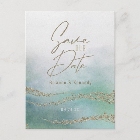 Elegant Waterverf Aqua Ocean & Gold Save the Date Aankondigingskaart (Voorkant)