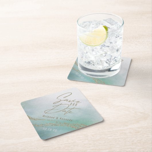 Elegant Waterverf Aqua Ocean & Gold Save the Date Kartonnen Onderzetters (Insitu)