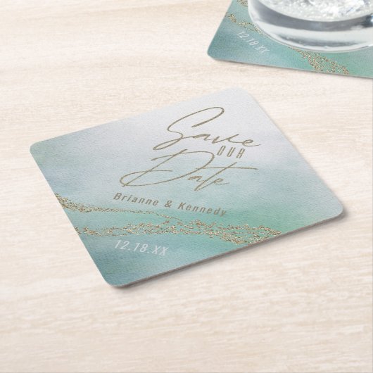 Elegant Waterverf Aqua Ocean & Gold Save the Date Kartonnen Onderzetters (Schuin)