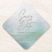 Elegant Waterverf Aqua Ocean & Gold Save the Date Kartonnen Onderzetters (Voorkant)