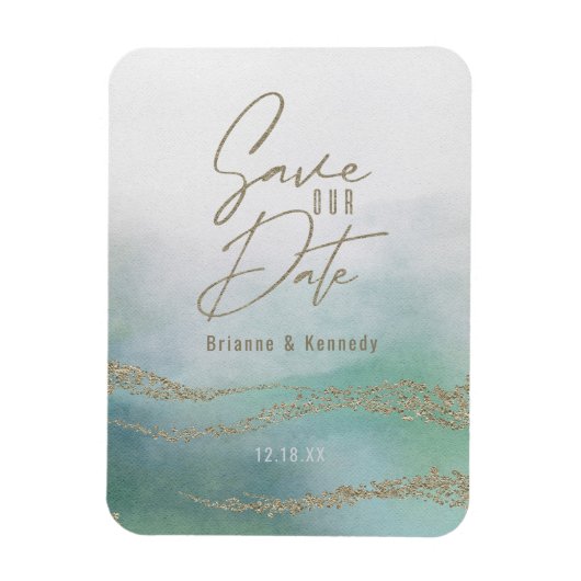 Elegant Waterverf Aqua Ocean & Gold Save the Date Magneet (Verticaal)