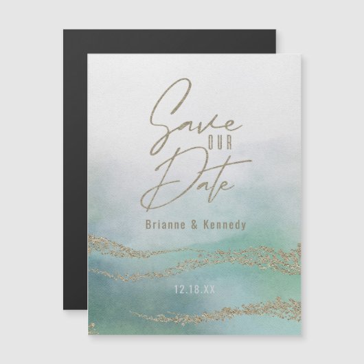 Elegant Waterverf Aqua Ocean & Gold Save the Date Magnetische Uitnodiging (Voorkant / Achterkant)