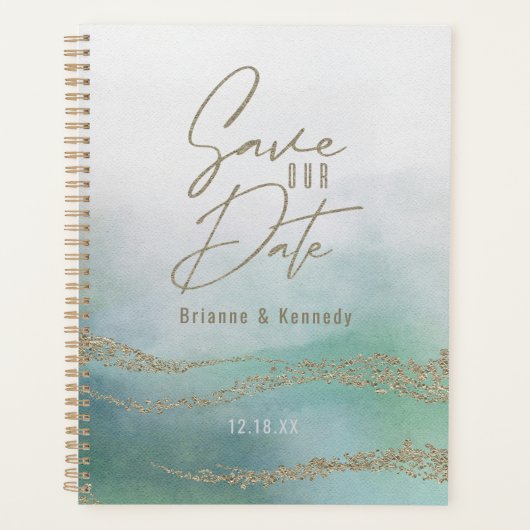 Elegant Waterverf Aqua Ocean & Gold Save the Date Planner (Voorkant)
