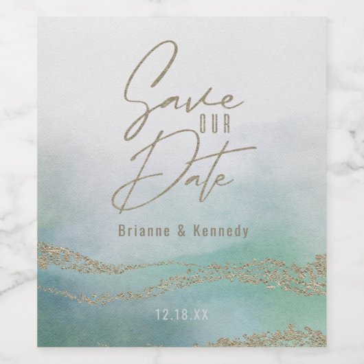 Elegant Waterverf Aqua Ocean & Gold Save the Date Wijn Etiket (Enkel label)