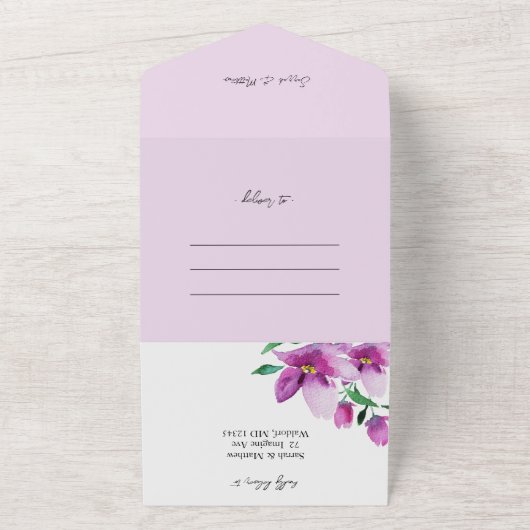 Elegant Waterverf Art Flowers in Violet All In One Uitnodiging (Buitenkant)