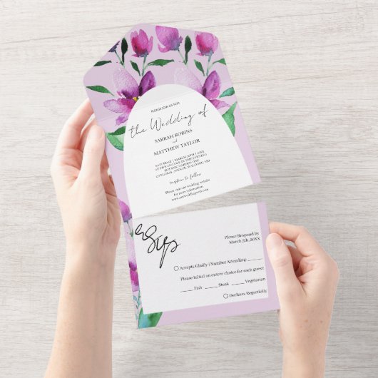 Elegant Waterverf Art Flowers in Violet All In One Uitnodiging (Afscheurbaar)