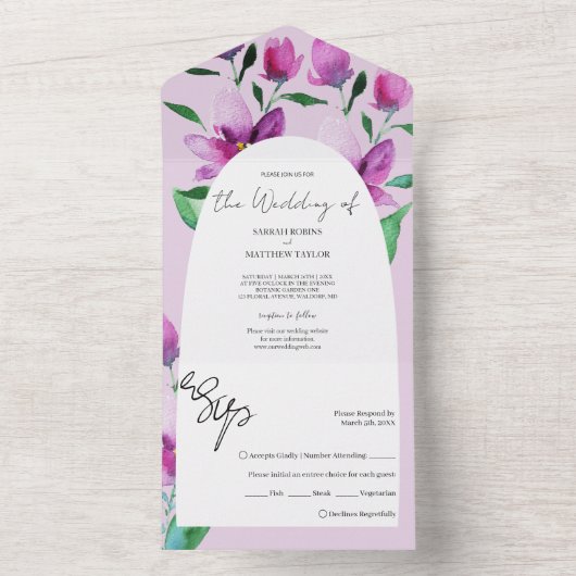 Elegant Waterverf Art Flowers in Violet All In One Uitnodiging (Binnen)