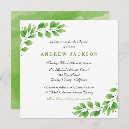 Elegant Waterverf Baptism/Christening Uitnodiging (Voorkant / Achterkant)