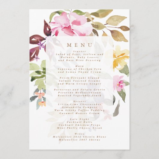 Elegant Waterverf Beauely Wedding Menu (Voorkant)