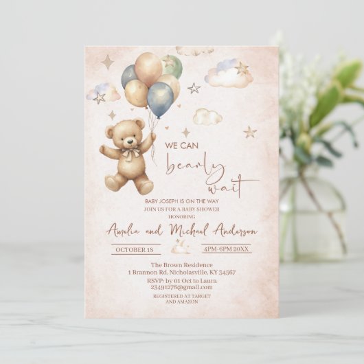 Elegant Waterverf Beer Teddy baby shower Kaart (Staand voorkant)