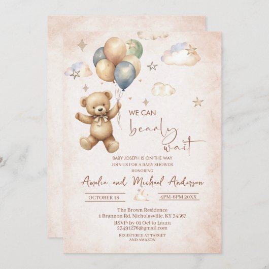 Elegant Waterverf Beer Teddy baby shower Kaart (Voorkant / Achterkant)