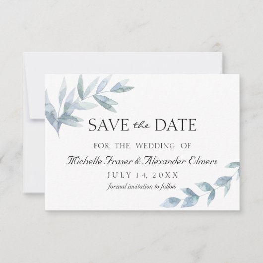 Elegant waterverf blad botanische save de datum RSVP kaartje (Voorkant)