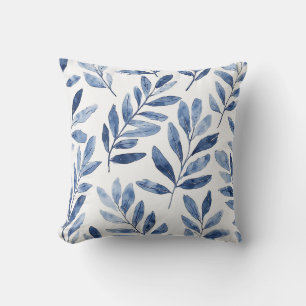 Elegant Waterverf Bladeren Patroon Indigo Blauw Kussen