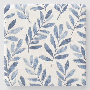 Elegant Waterverf Bladeren Patroon Indigo Blauw Stenen Onderzetter
