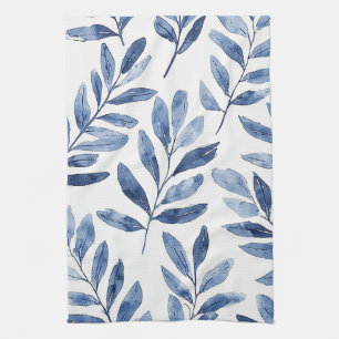 Elegant Waterverf Bladeren Patroon Indigo Blauw Theedoek