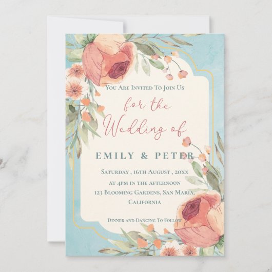 Elegant Waterverf Blauw Bloemen Bruiloft Kaart (Voorkant)