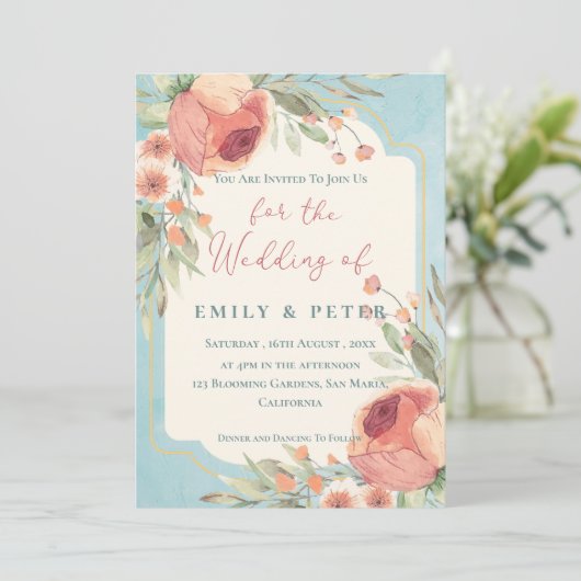 Elegant Waterverf Blauw Bloemen Bruiloft Kaart (Staand voorkant)