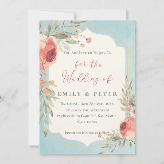 Elegant  Waterverf Blauw Bloemen Bruiloft Kaart (Voorkant)