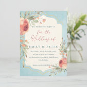 Elegant  Waterverf Blauw Bloemen Bruiloft Kaart (Staand voorkant)