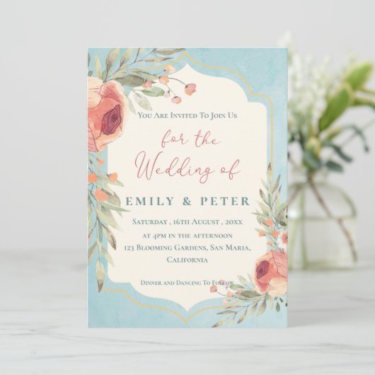 Elegant  Waterverf Blauw Bloemen Bruiloft Kaart