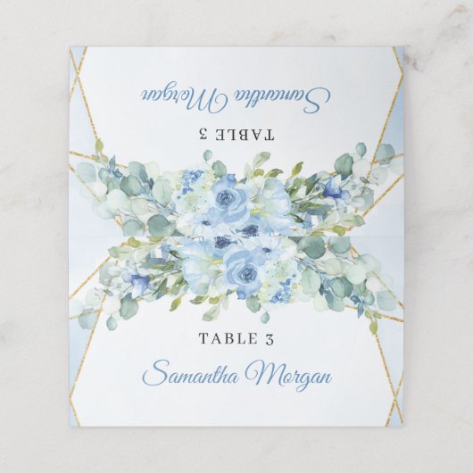 Elegant waterverf blauw bloemengroen en goud plaatskaartje (Buitenkant ongevouwen)