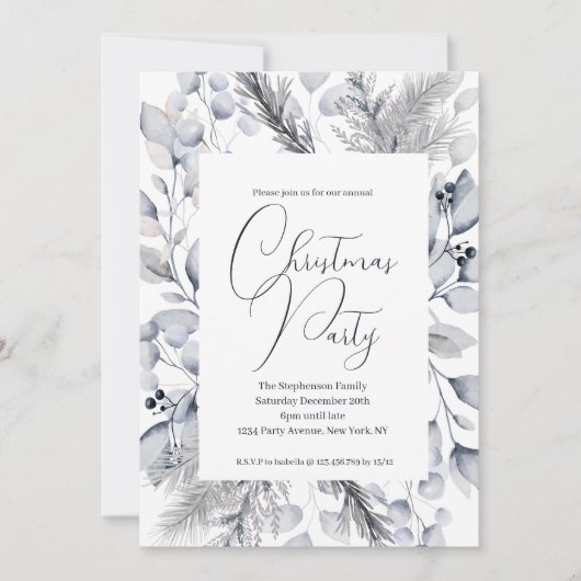 Elegant Waterverf Blauw Botanisch Kerstfeest Kaart (Voorkant)