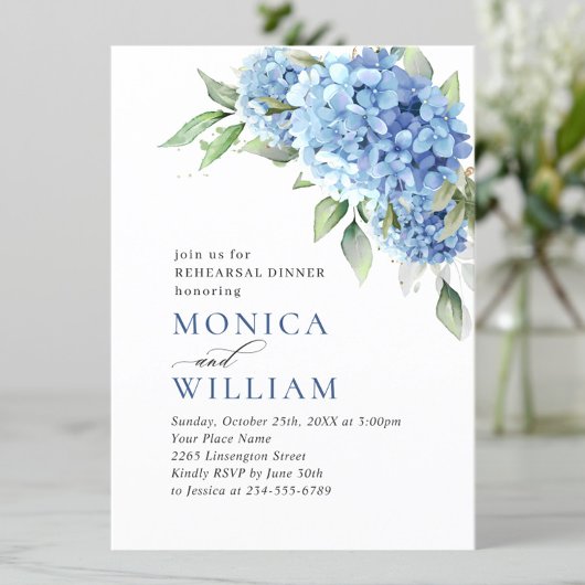 Elegant Waterverf Blauw Hydrangea REHEARSAL DINER Kaart