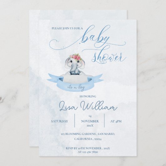 Elegant Waterverf Blauw Schattige Olifant Baby sho Kaart (Voorkant / Achterkant)