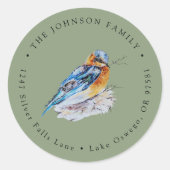Elegant Waterverf Blauw Vogeltje Retouradres Ronde Sticker (Voorkant)