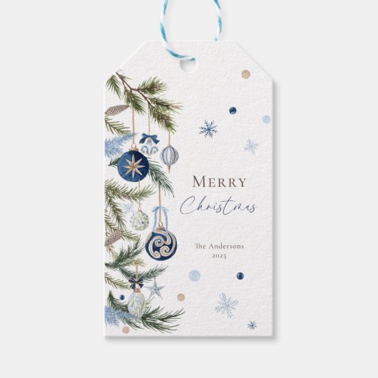Elegant Waterverf Blauw Wit Kerstversiering Cadeaulabel (Voorkant)