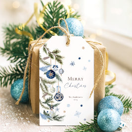 Elegant Waterverf Blauw Wit Kerstversiering Cadeaulabel