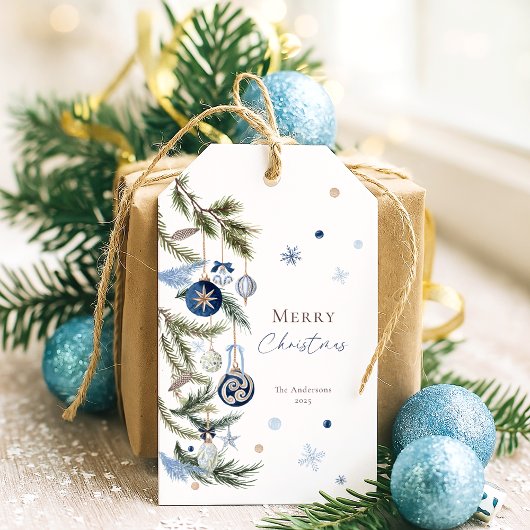 Elegant Waterverf Blauw Wit Kerstversiering Cadeaulabel
