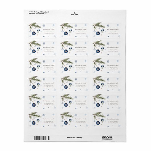 Elegant Waterverf Blauw Wit Kerstversiering Etiket (Full Sheet)