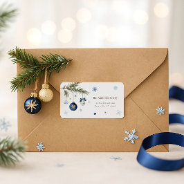 Elegant Waterverf Blauw Wit Kerstversiering Etiket