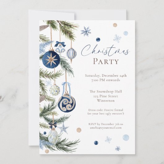 Elegant Waterverf Blauw Wit Kerstversiering Kaart (Voorkant)