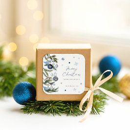 Elegant Waterverf Blauw Wit Kerstversiering Vierkante Sticker