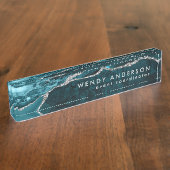 Elegant Waterverf Blauwgroen Zilver Glitter Agate Naambordje (Zijkant)