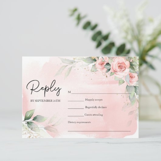 Elegant waterverf blesbloemen eucalyptus gold RSVP kaartje (Staand voorkant)