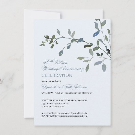 Elegant Waterverf Blue 50th Wedding Jubileum Kaart (Voorkant)