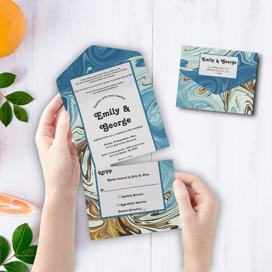 Elegant Waterverf Blue Abstract artistieke bruilof All In One Uitnodiging