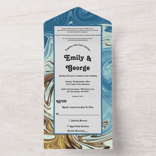 Elegant Waterverf Blue Abstract artistieke bruilof All In One Uitnodiging (Binnen)