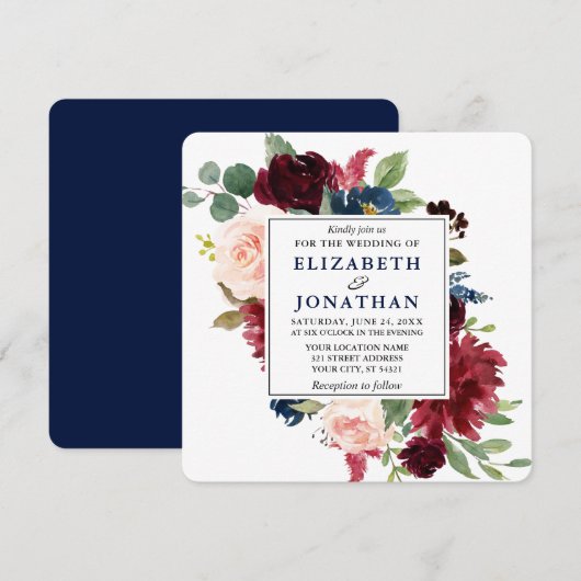 Elegant Waterverf Blue Burgundy Floral Wedding Sq Kaart (Voorkant / Achterkant)