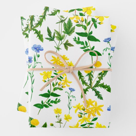 Elegant Waterverf Blue en Yellow Wildbloemen Inpakpapier Vel (In situ)