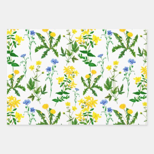 Elegant Waterverf Blue en Yellow Wildbloemen Inpakpapier Vel (Voorkant)